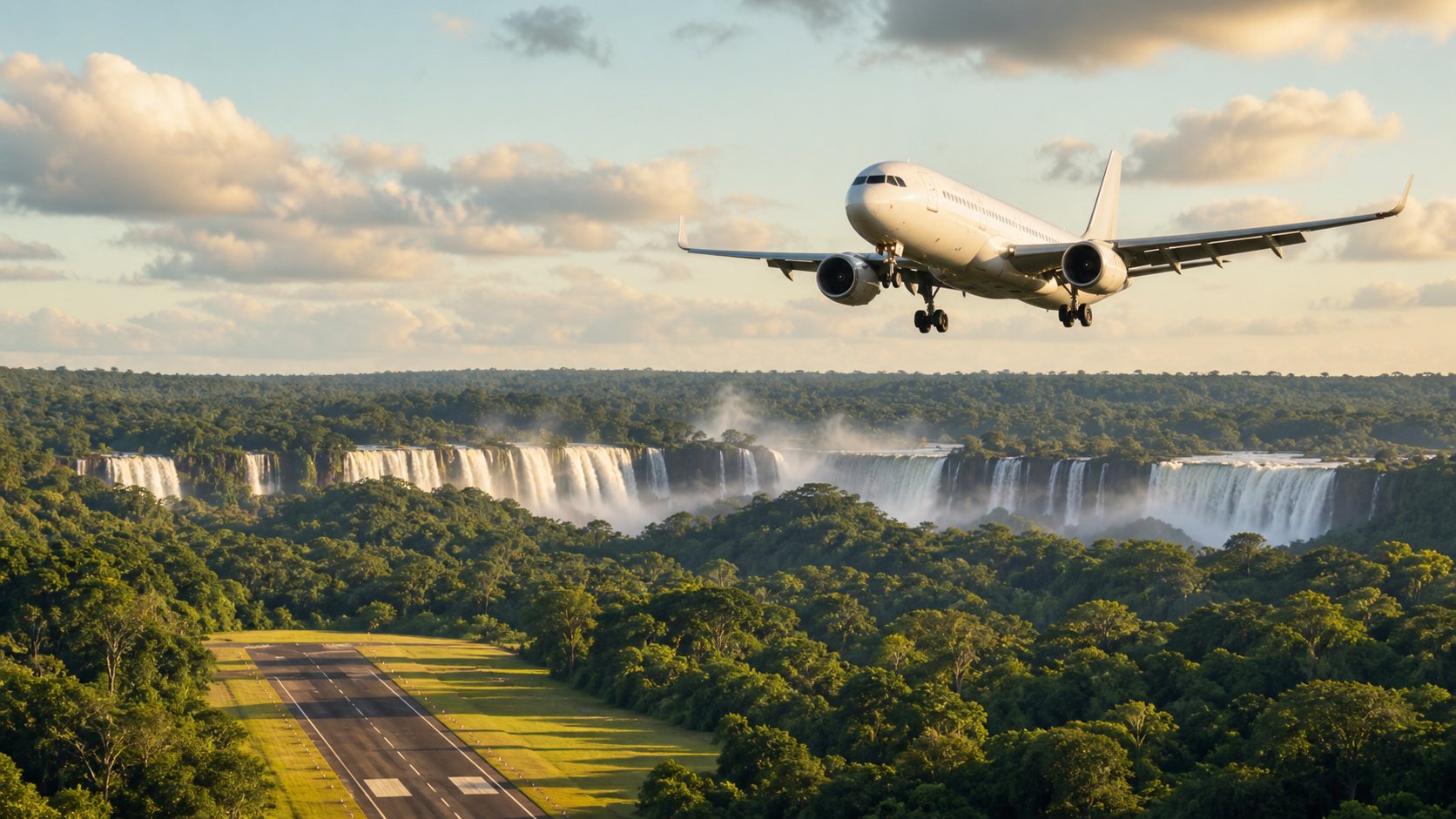 Avión llegando a Puerto Iguazú con las Cataratas y la selva misionera